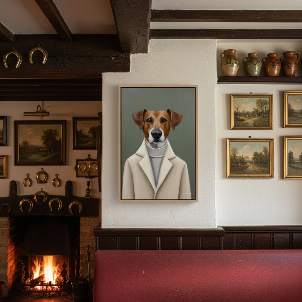 Framed portrait of a dog wearing a coat in a room with a fireplace and wall art.