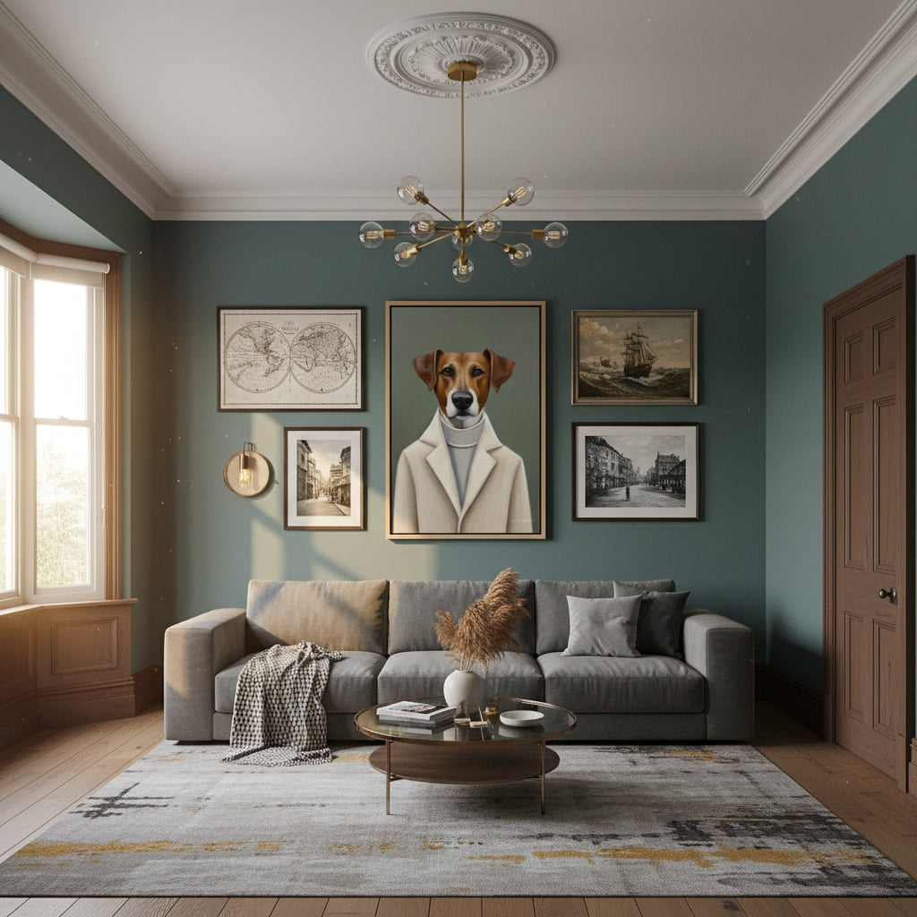 Living room with gray sofa, coffee table, and wall art including a dog portrait.