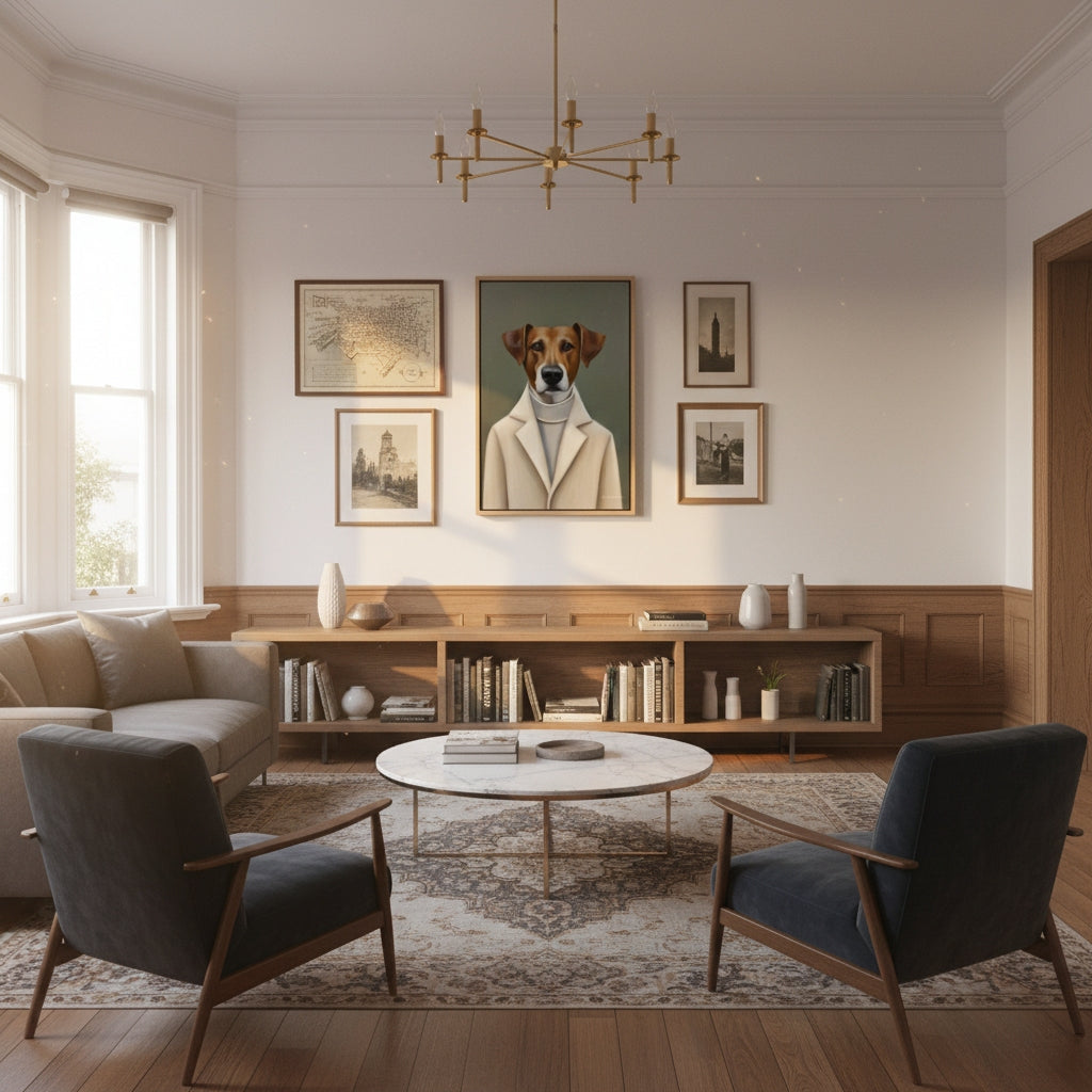 Living room with a bookshelf, chairs, and framed pictures on the wall.