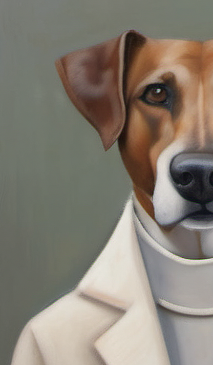 Artistic depiction of a dog wearing a white coat against a gray background