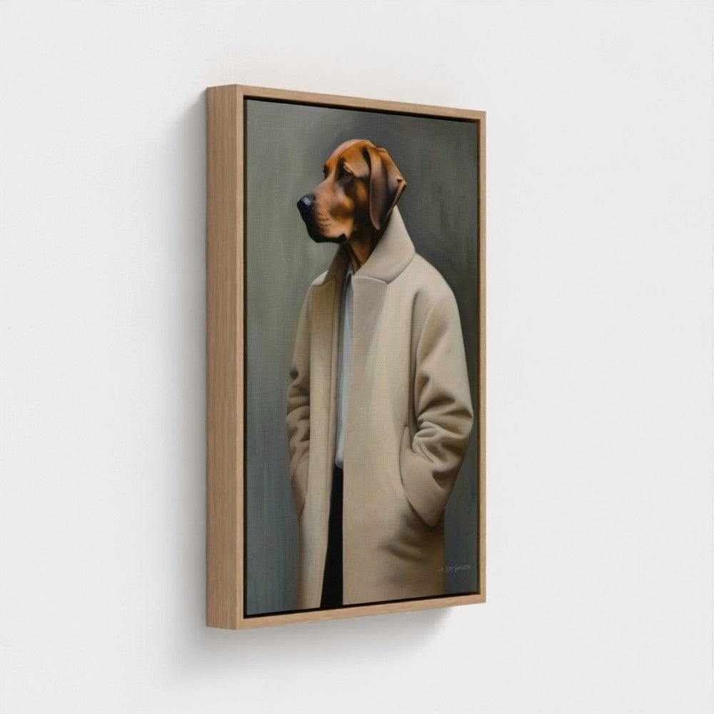 Framed artwork of a dog wearing a coat on a white wall