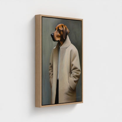 Framed artwork of a dog wearing a coat on a white wall