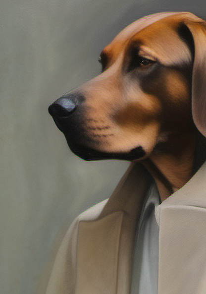 Dog wearing a beige coat against a neutral background