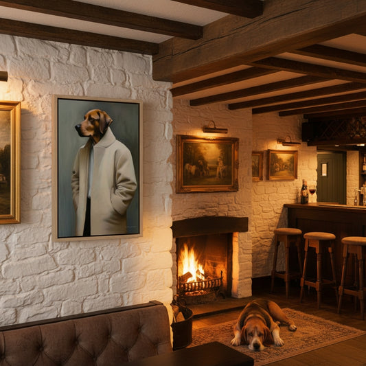 Cozy interior with a fireplace, dog lying on the floor, and framed pictures on the wall.