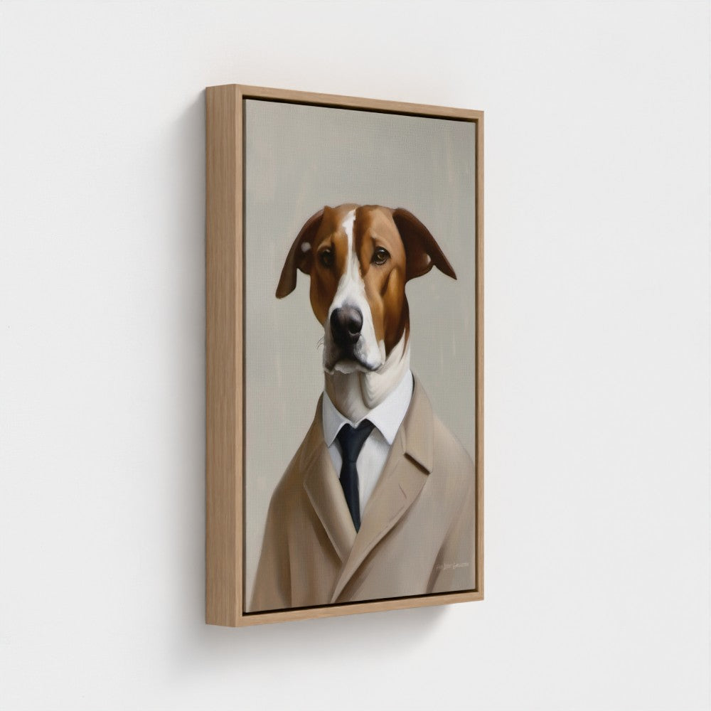 Framed artwork of a dog wearing a suit on a white background