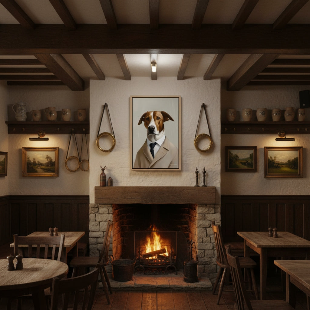 Cozy pub interior with a fireplace, tables, chairs, and a dog portrait on the wall.