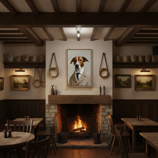 Cozy pub interior with a fireplace, tables, chairs, and a dog portrait on the wall.