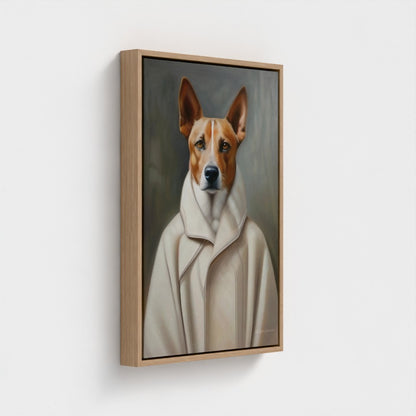 Framed painting of a dog wearing a coat on a white wall