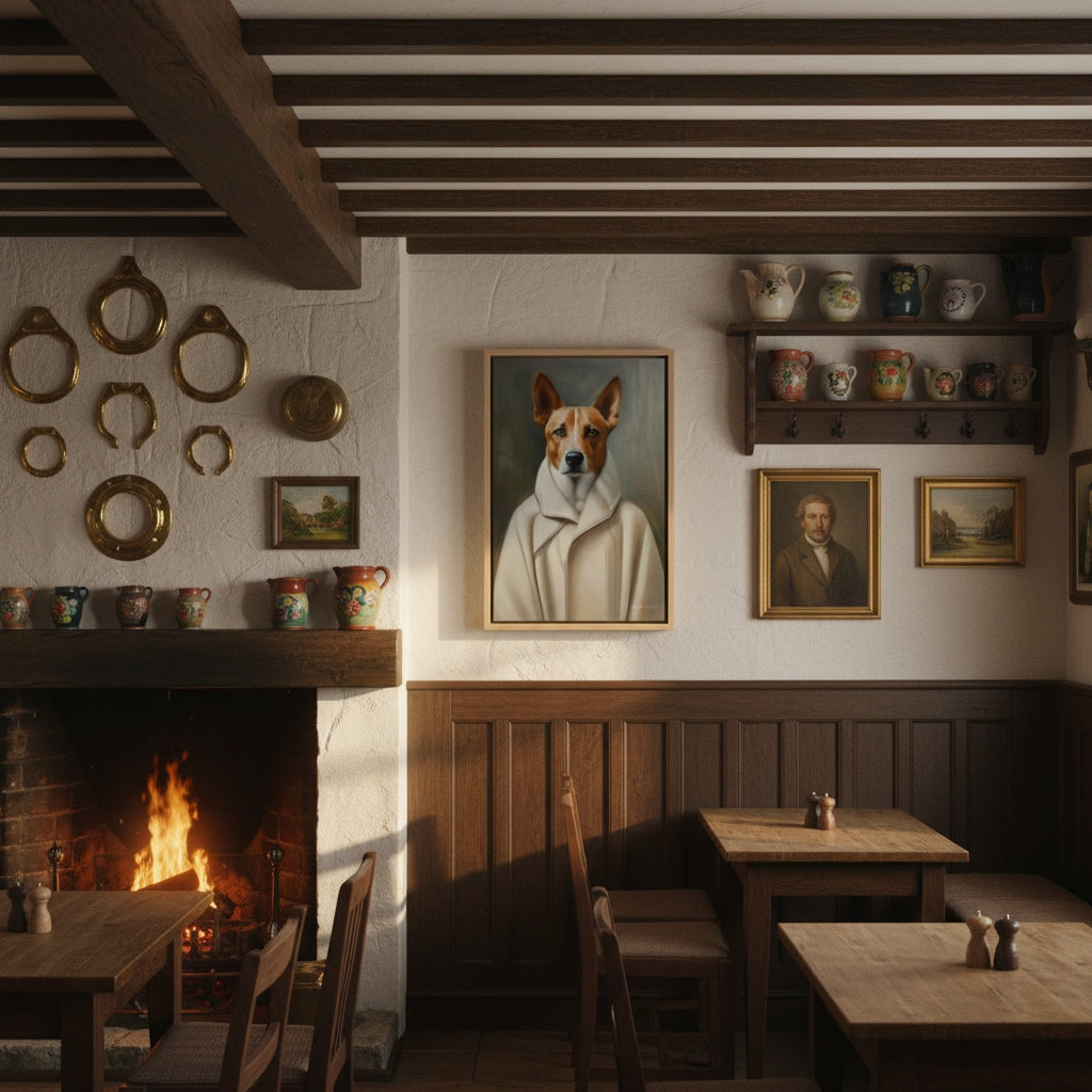 Cozy interior of a pub with a fireplace, wooden beams, and wall art including a dog portrait.