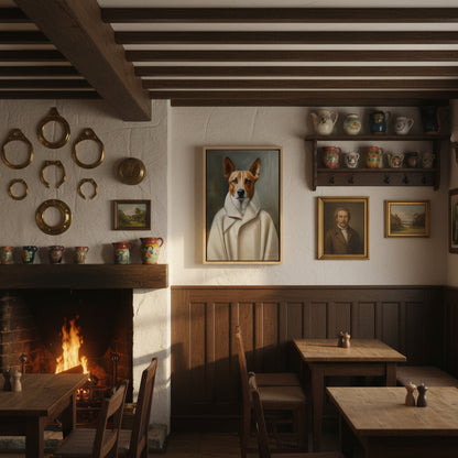 Cozy interior of a pub with a fireplace, wooden beams, and wall art including a dog portrait.