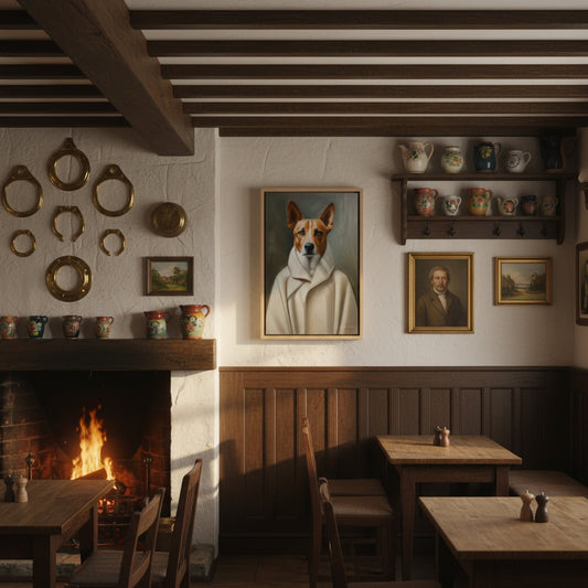Cozy interior of a pub with a fireplace, wooden beams, and wall art including a dog portrait.