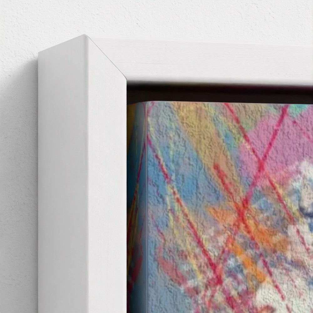Close-up of a colorful abstract painting with a white frame.