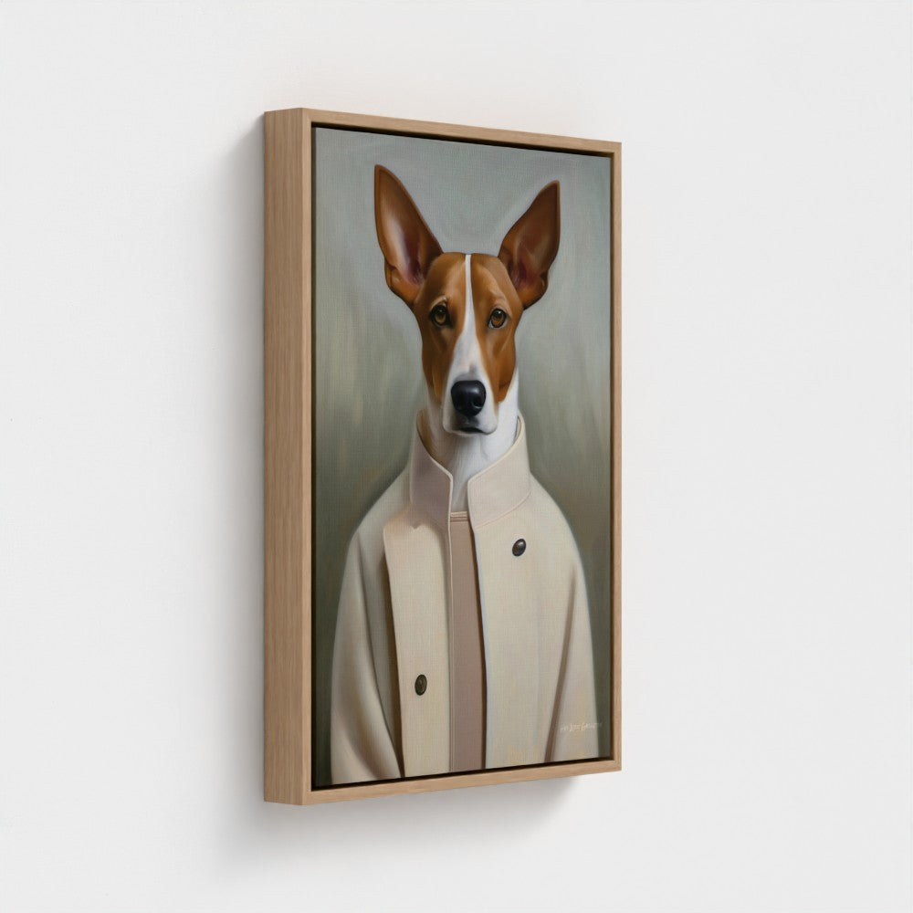 Framed painting of a dog wearing a coat on a white wall