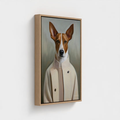 Framed painting of a dog wearing a coat on a white wall
