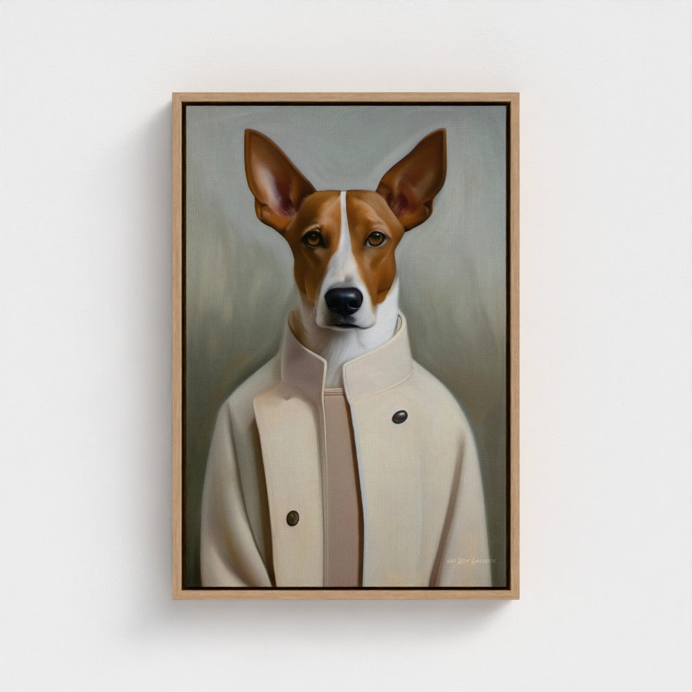 Framed painting of a dog wearing a coat on a white wall