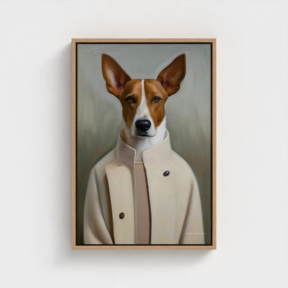 Framed painting of a dog wearing a coat on a white wall