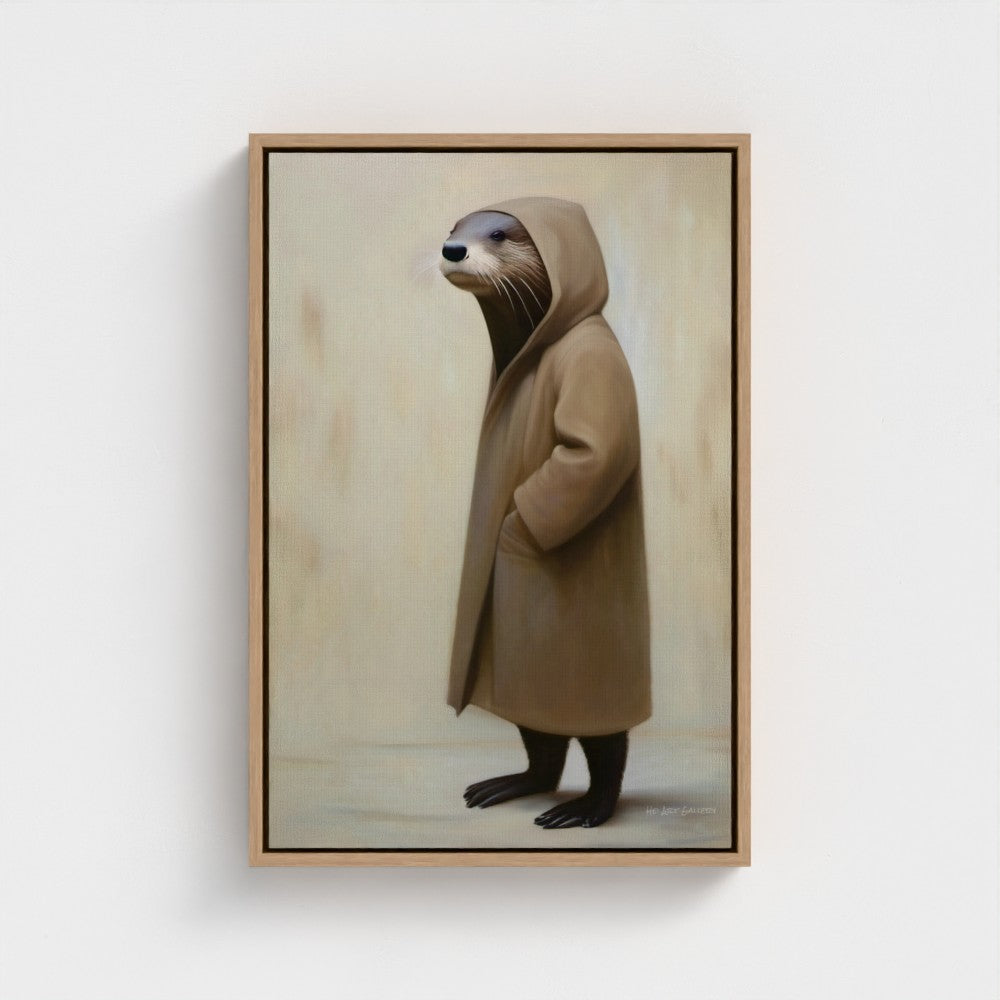Framed artwork of an otter wearing a brown coat on a white wall