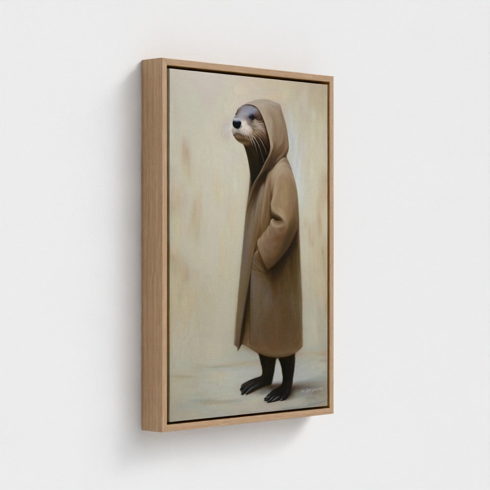 Framed artwork of an otter wearing a brown coat on a white background