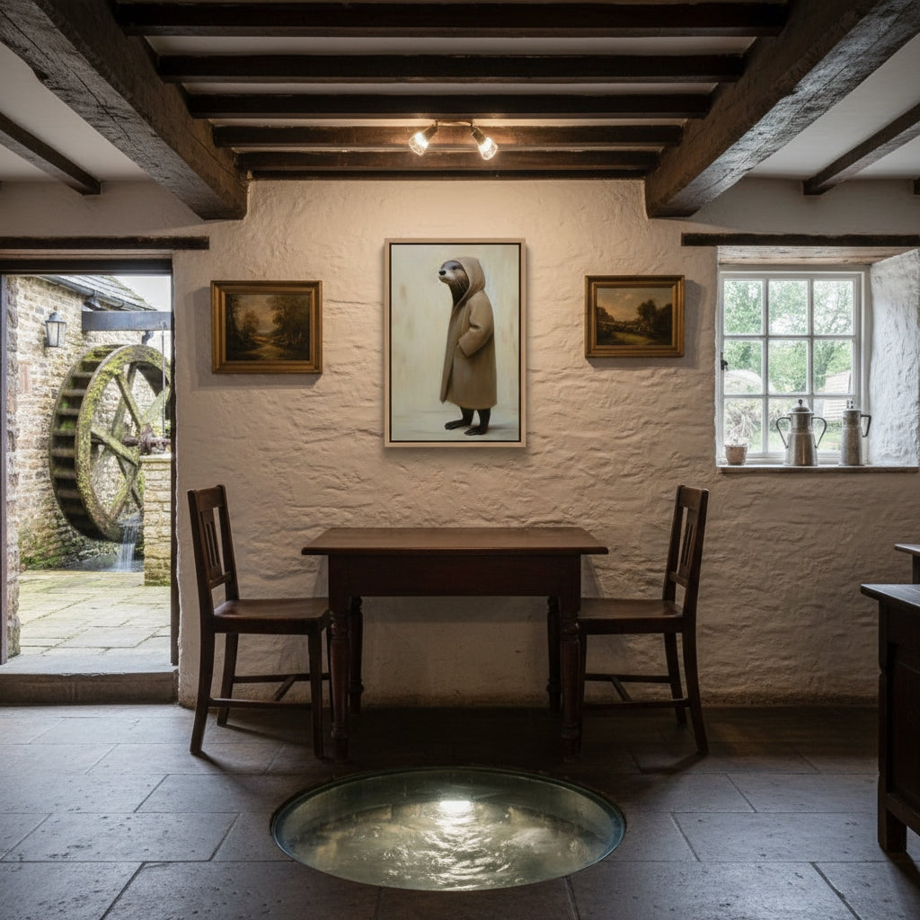 Dining room with wooden table and chairs, framed pictures on the wall, and a watermill outside.