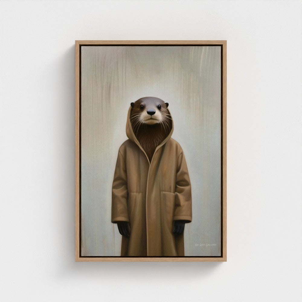 Framed artwork of an otter wearing a brown coat on a white wall