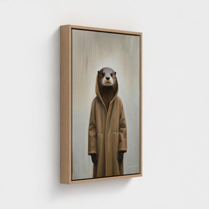 Framed artwork of an otter wearing a brown robe on a white background