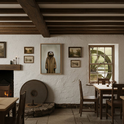 Cozy living room with a fireplace, dining table, and wall art.