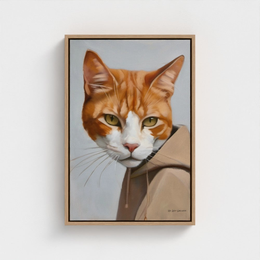 Framed painting of a cat wearing a hoodie on a white wall