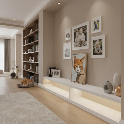 Modern living room with bookshelf, wall art, and decorative items.