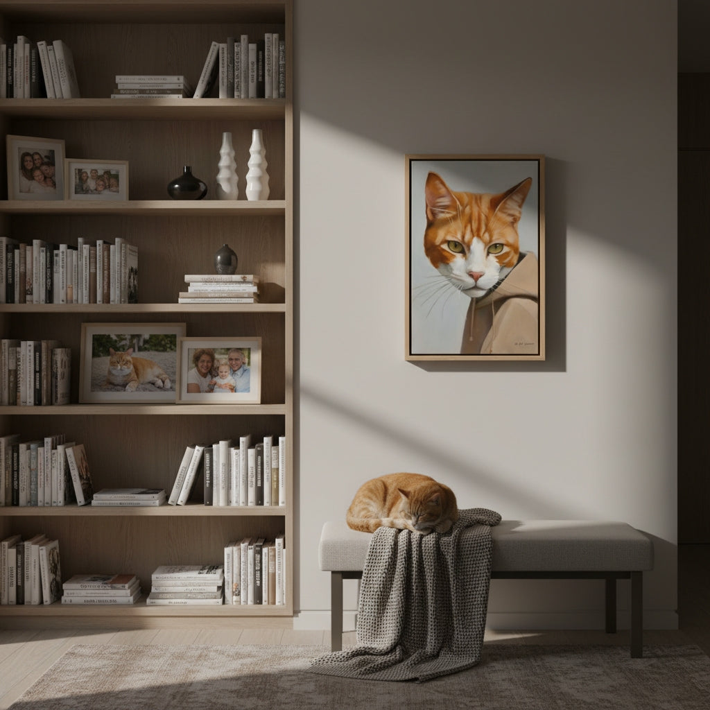 Cat lying on a bench with a cat portrait above, bookshelf with books and photos in the background