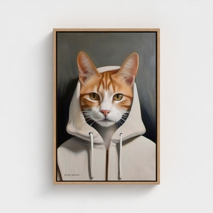 Framed painting of a cat wearing a hoodie on a white wall