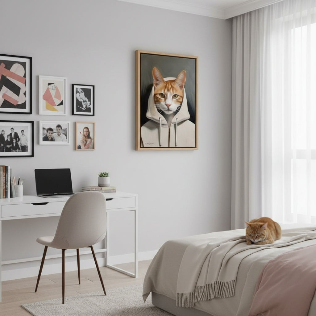 Modern bedroom with a cat-themed artwork on the wall, a desk, and a cat on the bed.