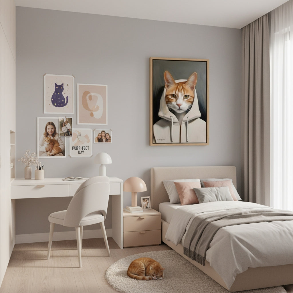 Modern bedroom with a bed, desk, and wall art featuring a cat.