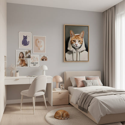 Modern bedroom with a bed, desk, and wall art featuring a cat.