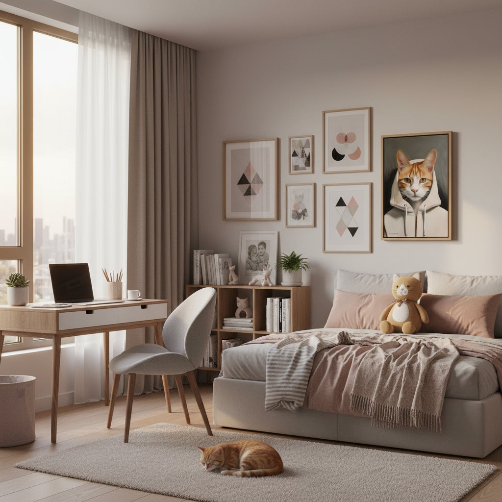 Modern bedroom with a bed, desk, and cat lounging on the floor.