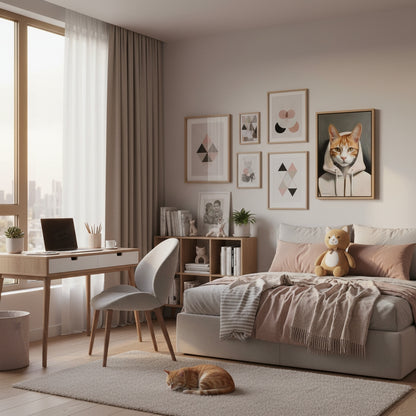 Modern bedroom with a bed, desk, and cat lounging on the floor.