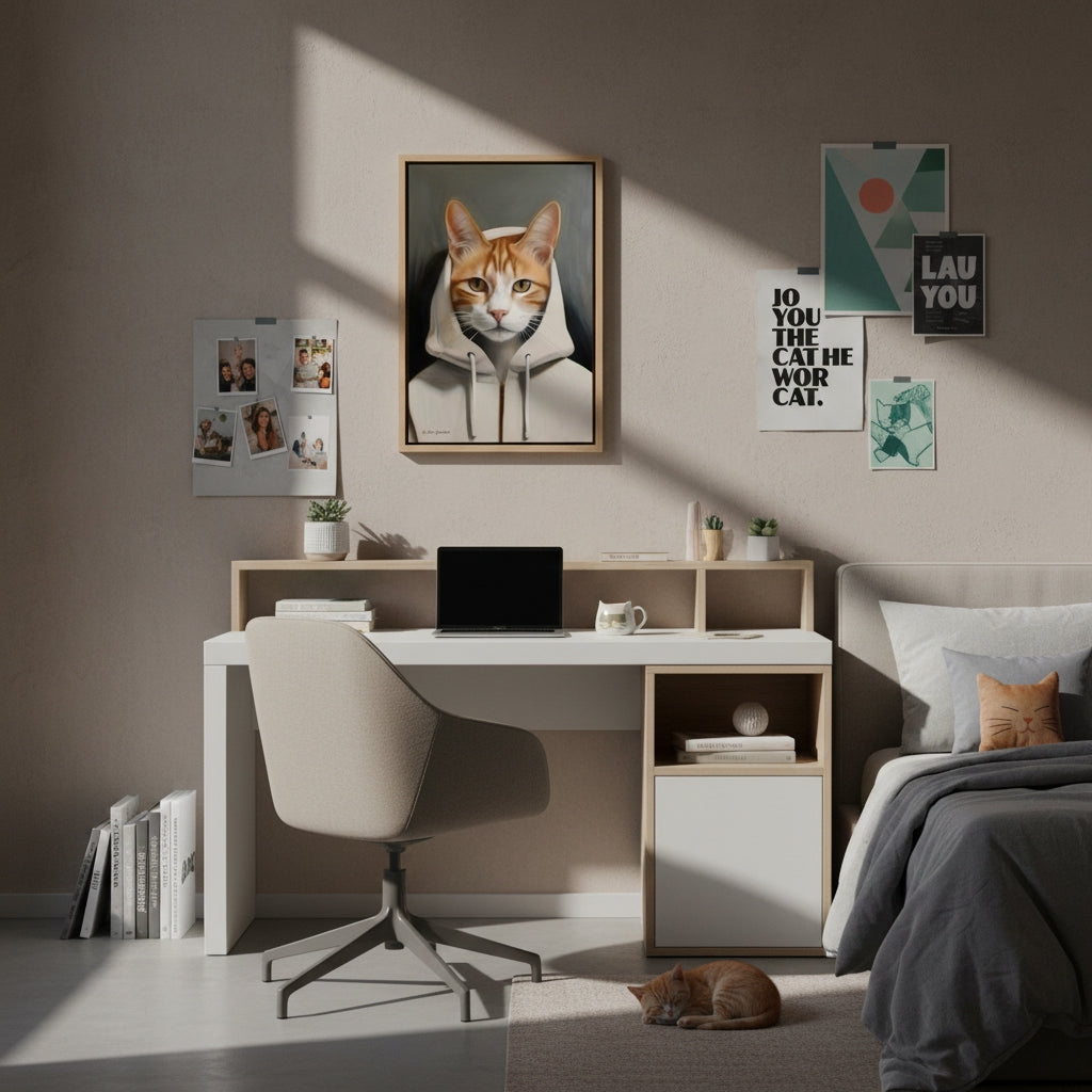 Modern bedroom with a desk, chair, and cat-themed wall art.