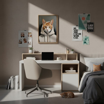 Modern bedroom with a desk, chair, and cat-themed wall art.