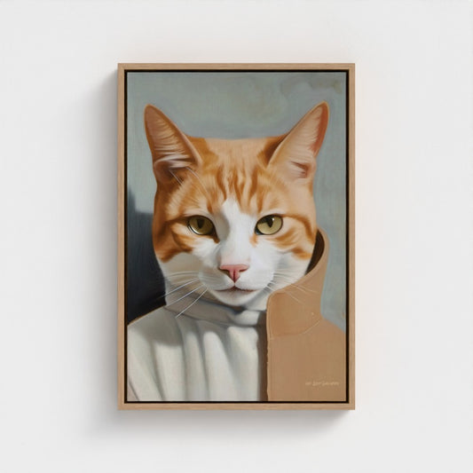 Framed painting of a cat with a wooden frame on a white wall