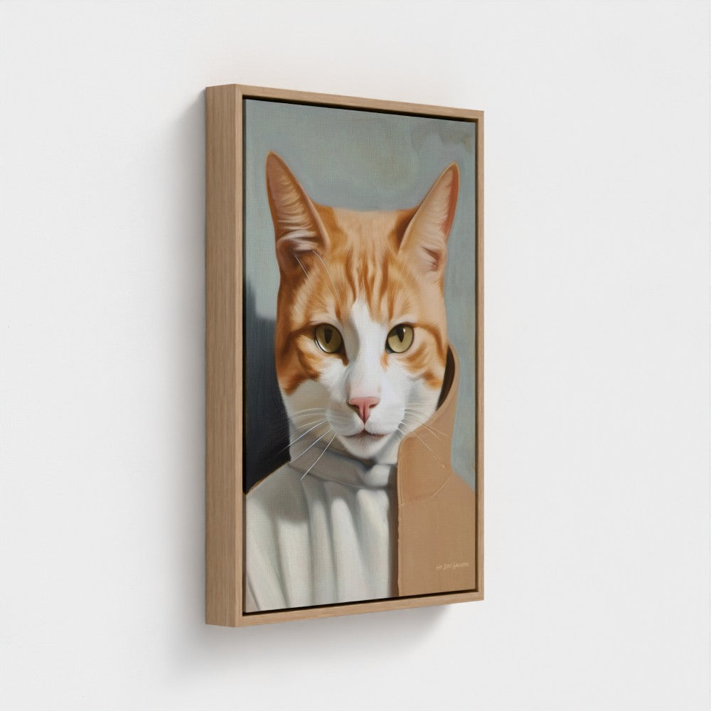 Framed portrait of a cat with a wooden frame on a white wall