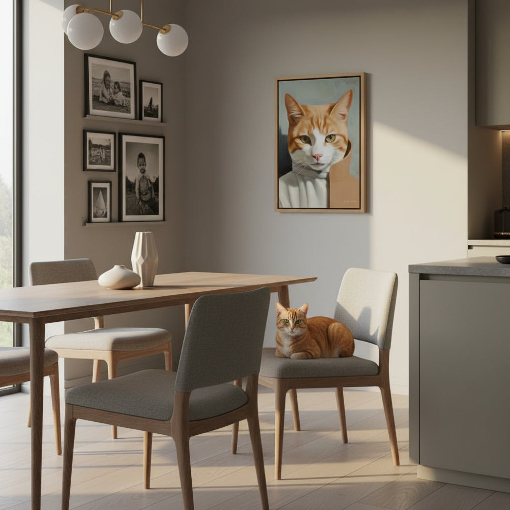 Dining room with a cat sitting on a chair, framed picture of a cat on the wall, and a table with chairs.