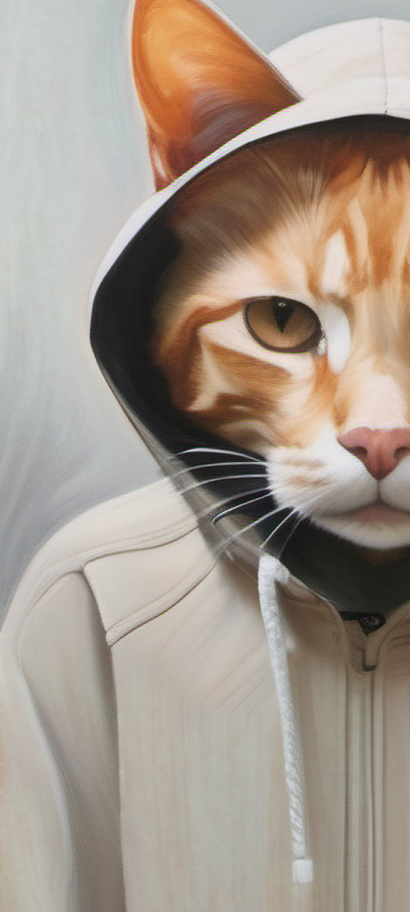 Cat face on a beige hoodie with a neutral background