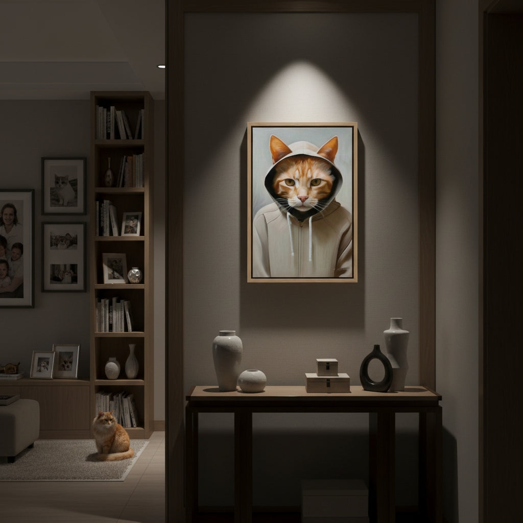 Framed picture of a cat wearing a hood on a wall in a dimly lit room with a cat sitting on the floor.
