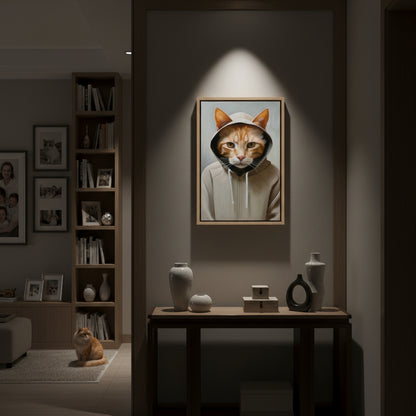 Framed picture of a cat wearing a hood on a wall in a dimly lit room with a cat sitting on the floor.