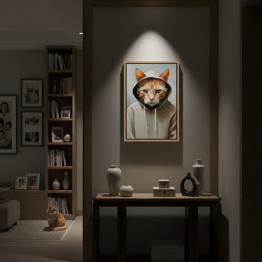 Framed picture of a cat wearing a hood on a wall in a dimly lit room with a cat sitting on the floor.