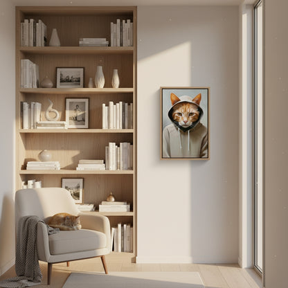 Modern living room with bookshelf, armchair, and framed picture of a cat.