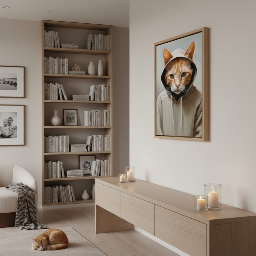 Modern living room with bookshelf, framed picture of a cat in a hoodie, and a cat lying on the floor.