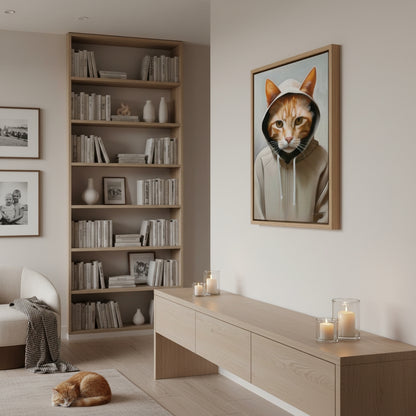 Modern living room with bookshelf, framed picture of a cat in a hoodie, and a cat lying on the floor.