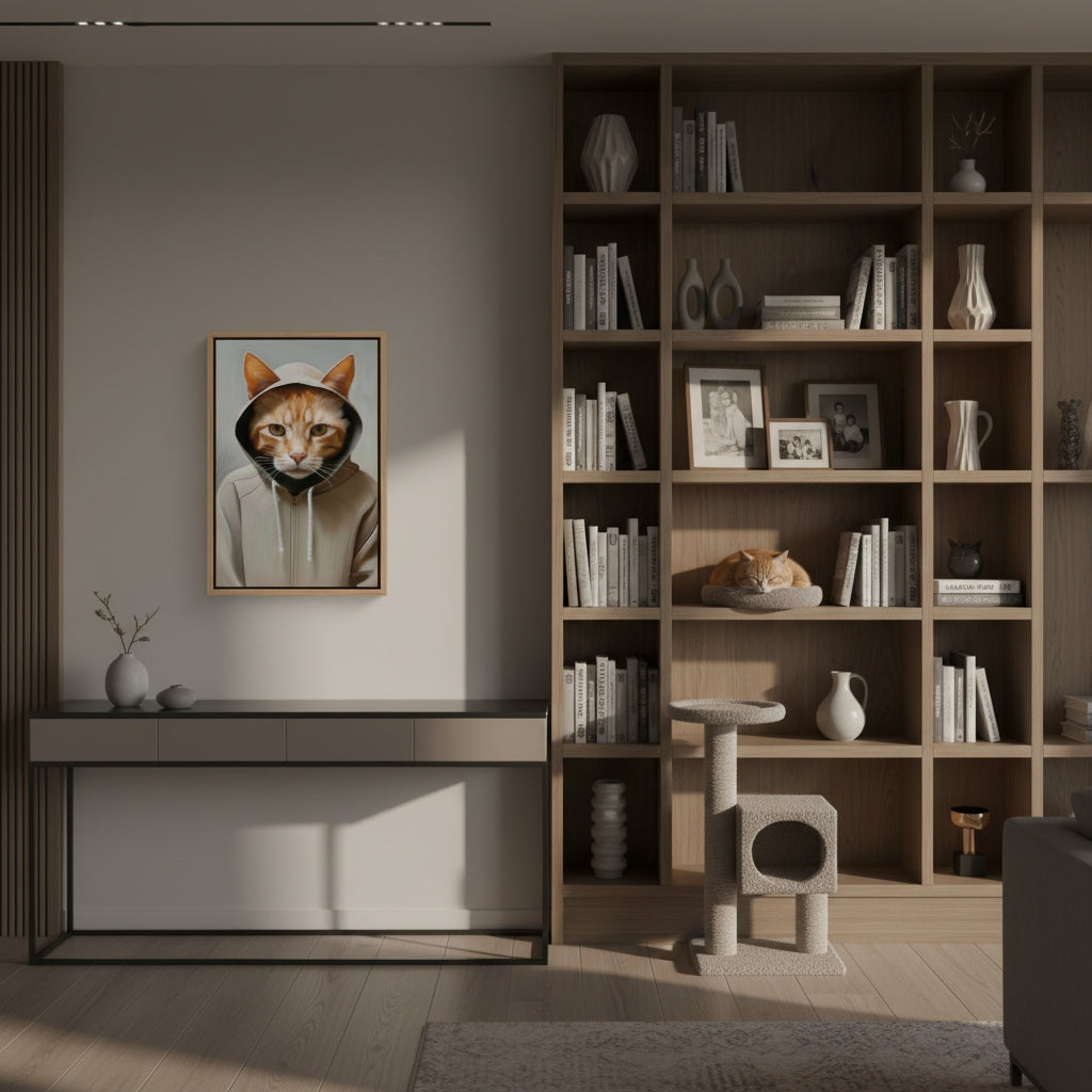 Modern living room with wooden bookshelf, framed picture of a cat, and cat tree.