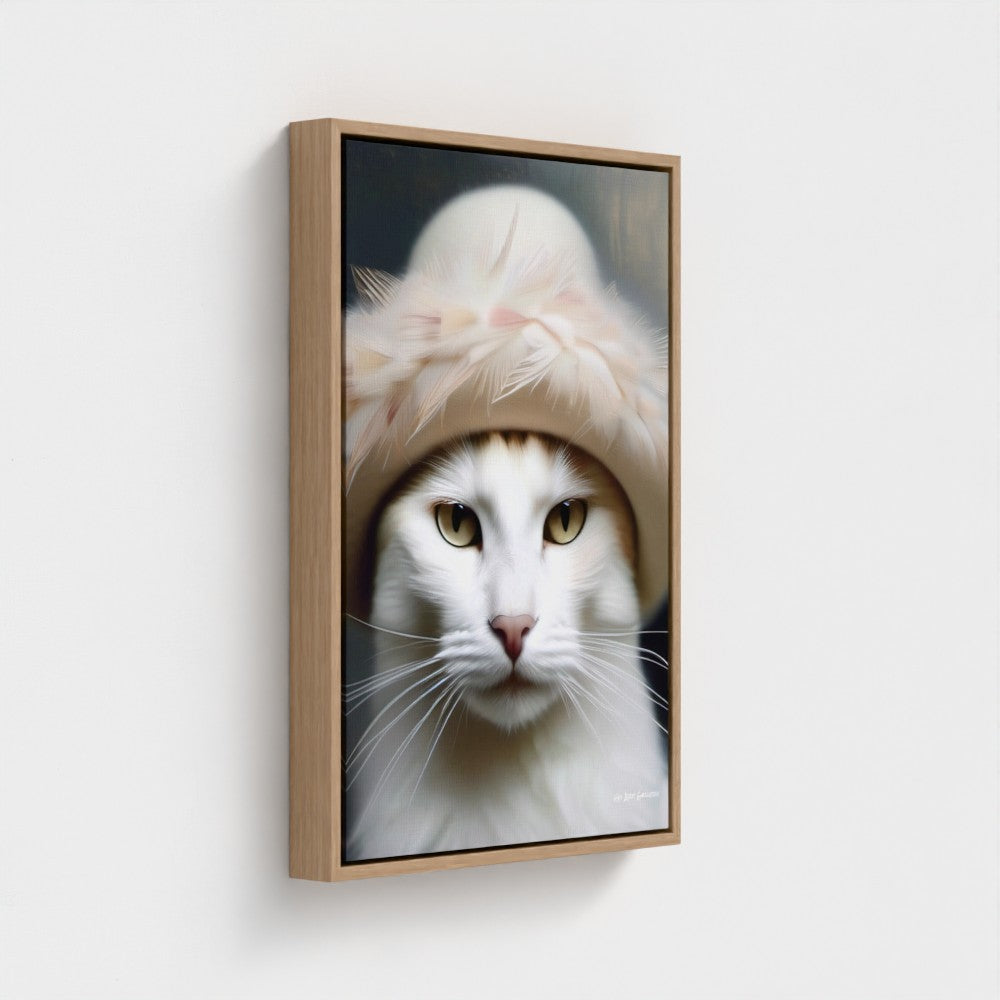 Framed artwork of a cat wearing a pink hat with feathers on a white background
