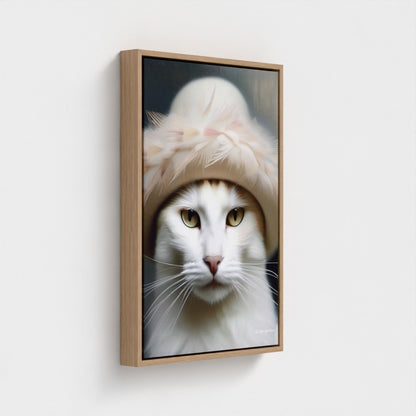 Framed artwork of a cat wearing a pink hat with feathers on a white background